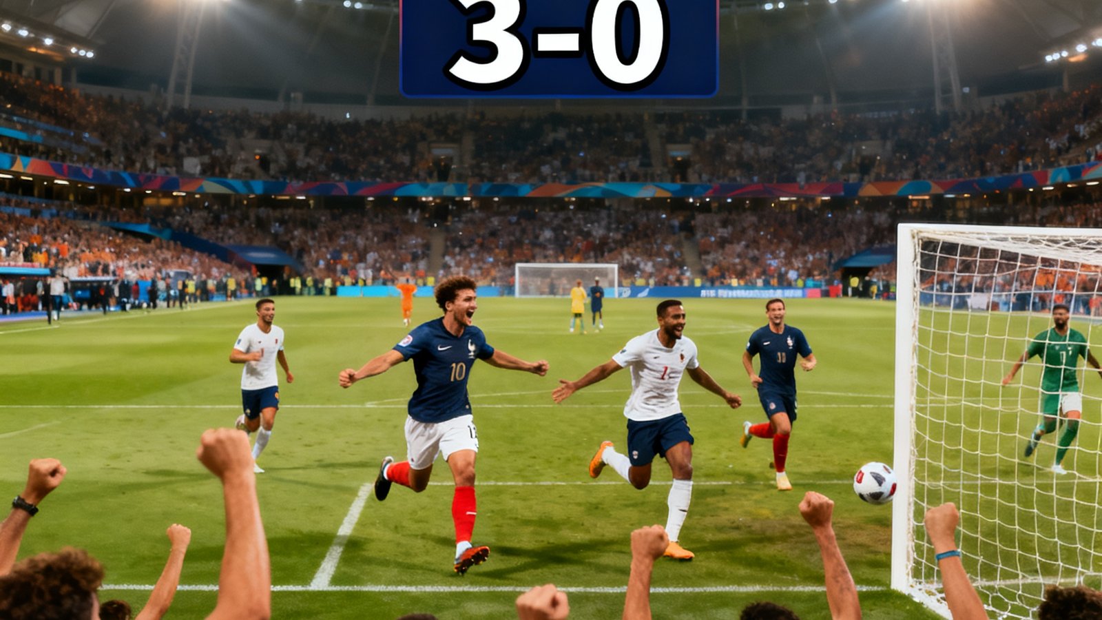 全场集锦封面：法国队庆祝进球，比分牌显示3-0，标题为法国vs荷兰精华。